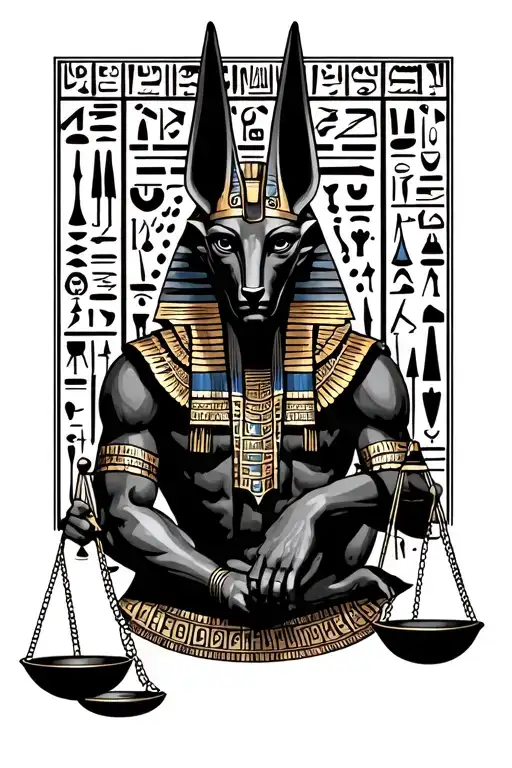 Egyptian god anubis holding balance scales with hieroglyphics on the background 