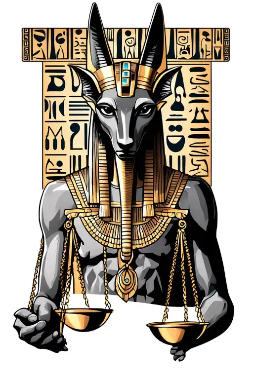 Egyptian god anubis holding balance scales with hieroglyphics on the background  - Variation 2