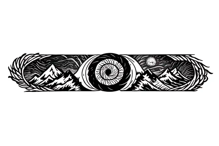 Pachamama spiral with mountain outline drawing tattoo - Variation 2
