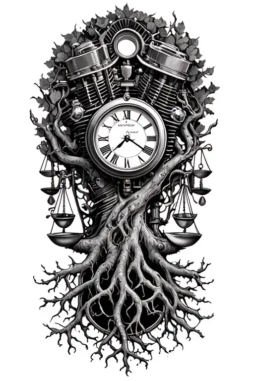 harley engine, midevil tree of life with roots , clock and libra scale intertwined  - Variation 4