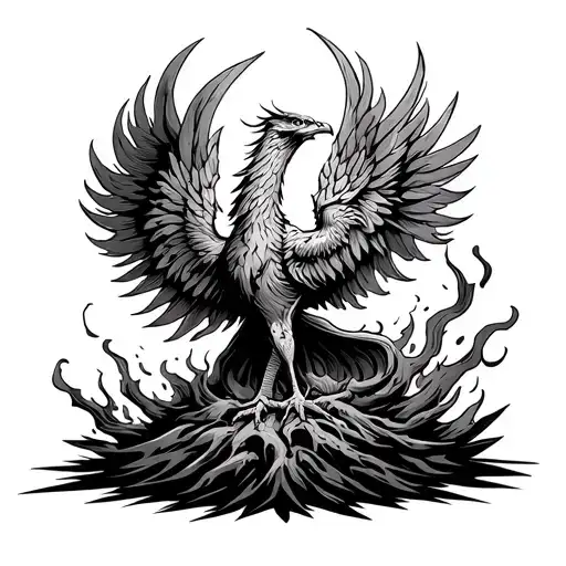 woodcut style Phoenix rising from ashes