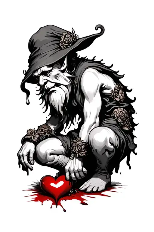 Evil Redcap Gnome Kneeling over a Bloody heart - Variation 5