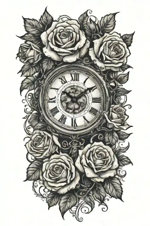 A vintage clock with roses growing underneath   - Variation 2