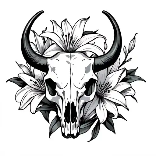 bull skull and lily flowers - Variation 1