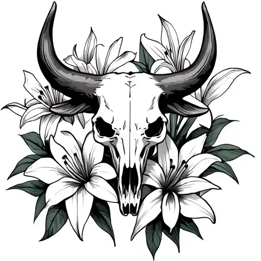 bull skull and lily flowers - Variation 2