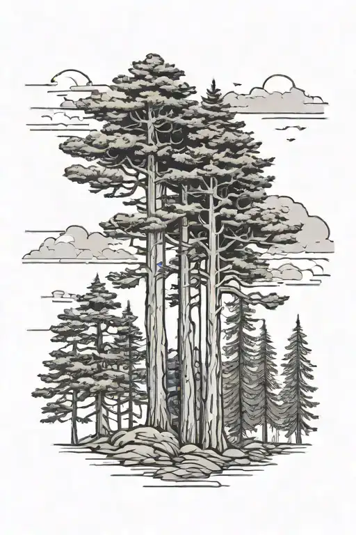 three trees in a row that are all similar heights - a Redwood, a coastal Monterey Cypress, and a White Spruce - Variation 2