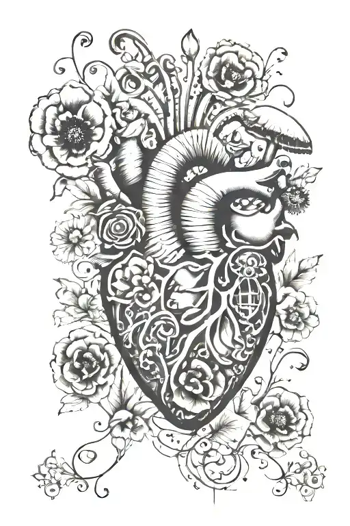 abstract design human heart, poppies, anemones, mushrooms, music, love - Variation 18