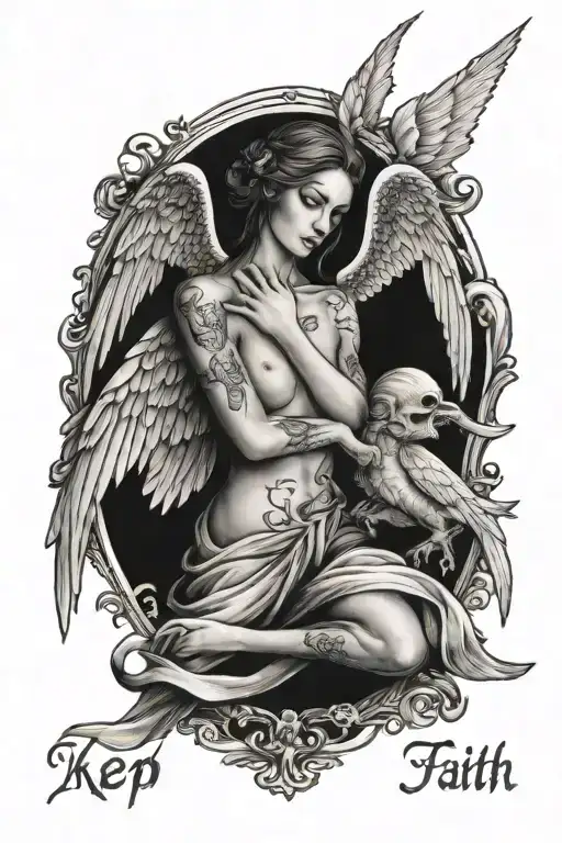 angel losing it's mind with the words keep faith sentences joined together with dark shading - Variation 2