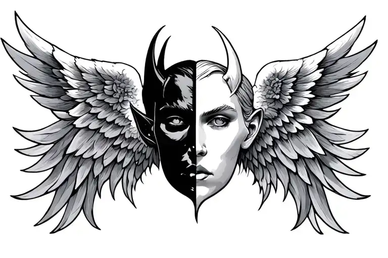 I would like a Tattoo with half angel and half devil face and wings - Variation 2