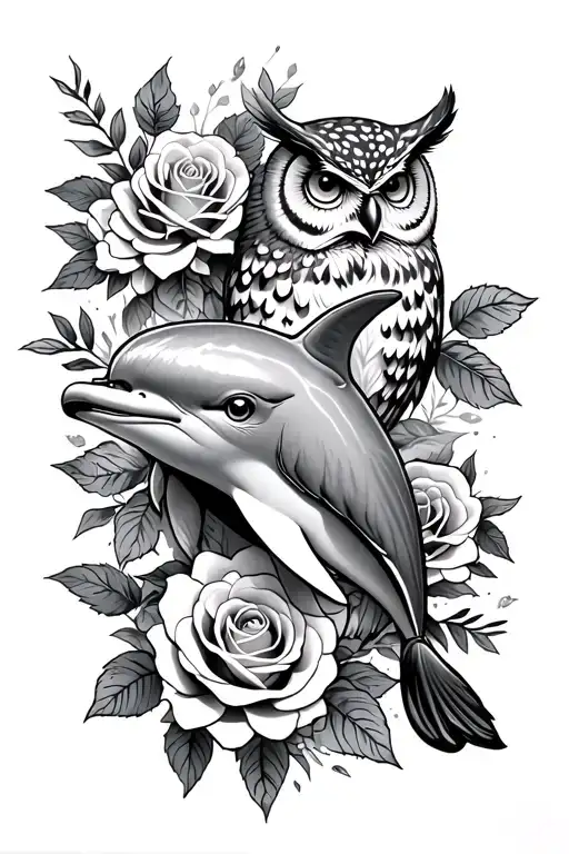 dolphin, roses and owl - Variation 1