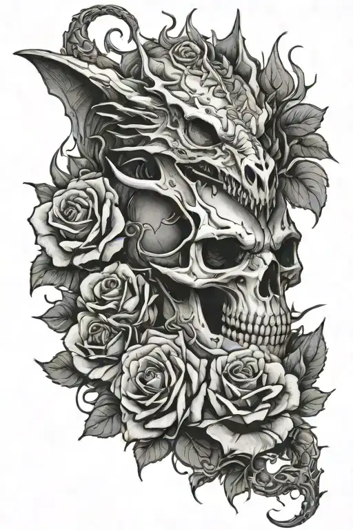 Dragon, skull and roses