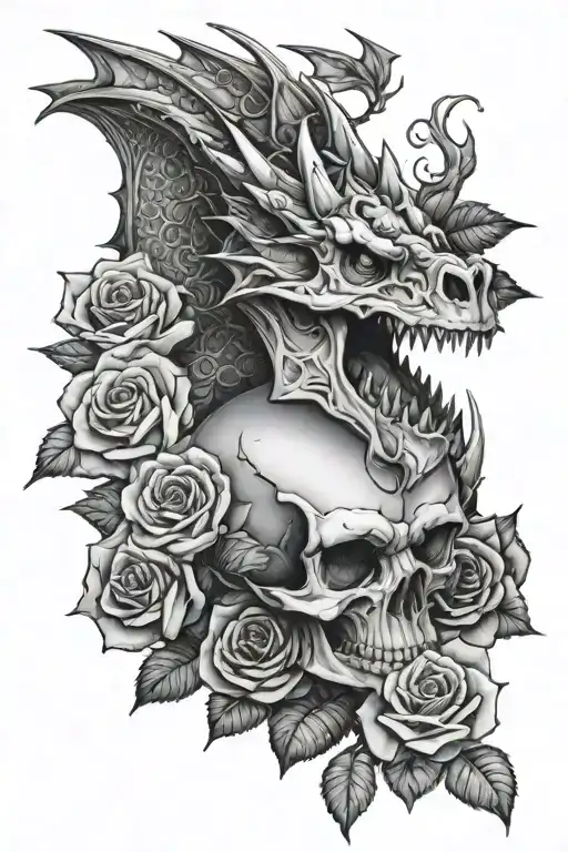 Dragon, skull and roses - Variation 2