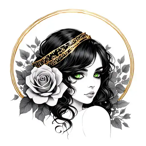 Stylized neo traditional green eyed mysterious woman with flowing blackhair, golden headpiece, and roses intertwine - Variation 1