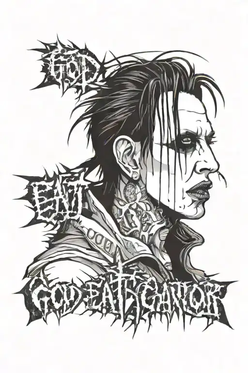 Marilyn Manson, gore, antichrist superstar, with goth text "GOD EAT GOD", evil, showing teeth, minute of decay 