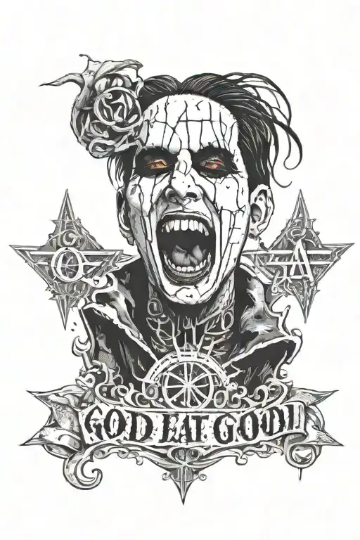 Marilyn Manson, gore, antichrist superstar, with goth text "GOD EAT GOD", evil, showing teeth, minute of decay  - Variation 2