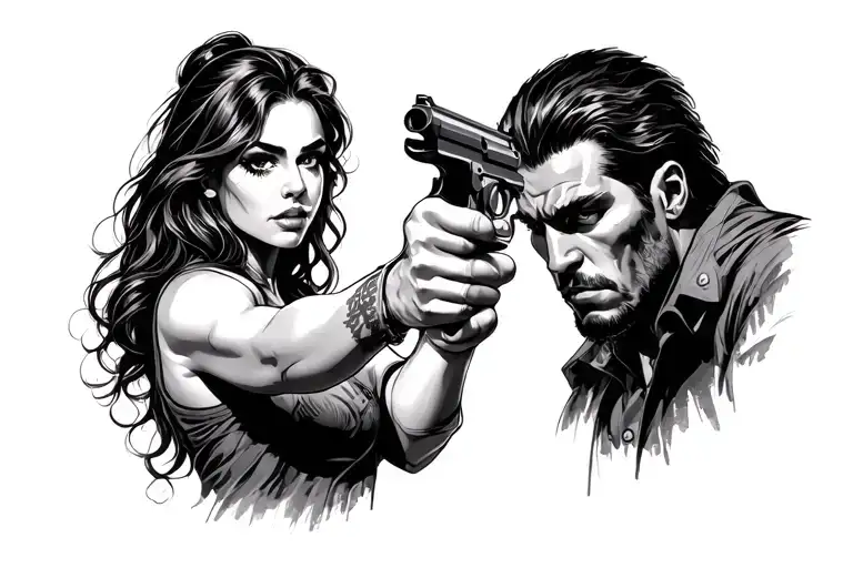 woman pointing gun at man with gun - Variation 2