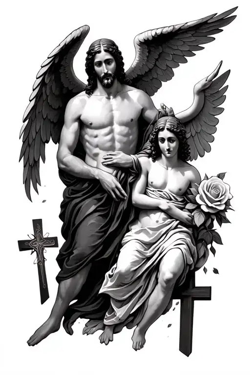 Jesus with angel with roses with cross - Variation 2