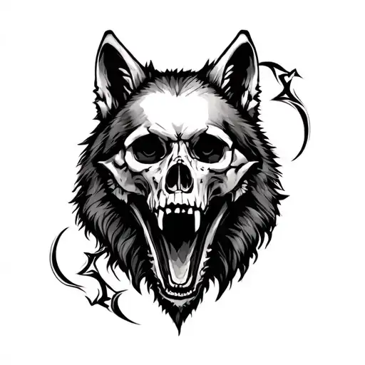skull and wolves chest tattoo - Variation 2