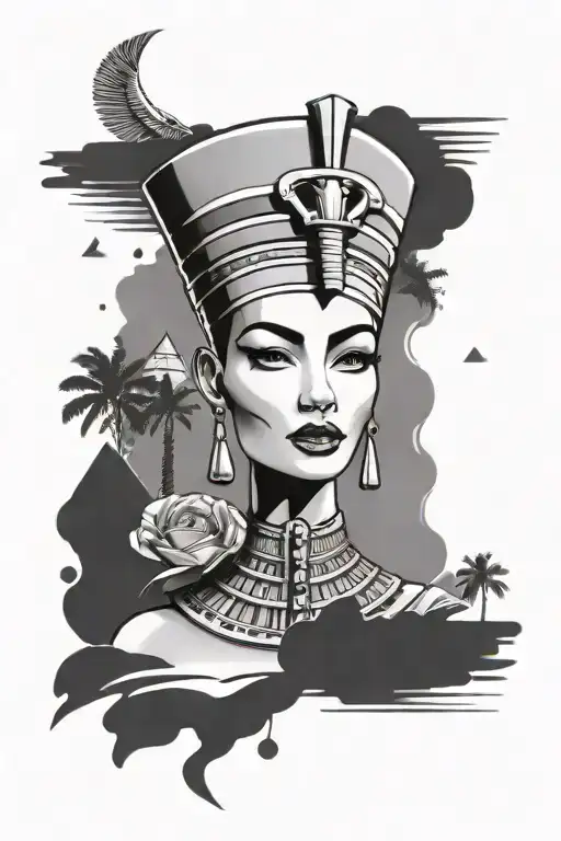 Egyptian Nefertiti  surrounded by pyramids