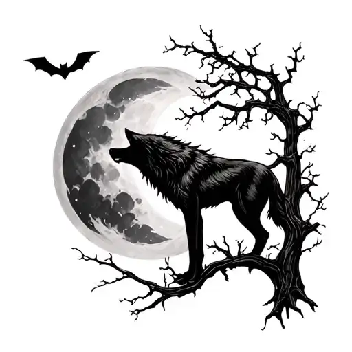 silloutte, howling wolf,tree,moon, bat