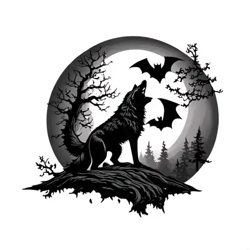 silloutte, howling wolf,tree,moon, bat - Variation 2