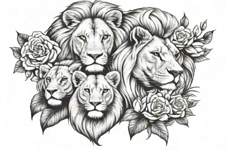 mother lion, fater lion and two childs with flowers - Variation 1