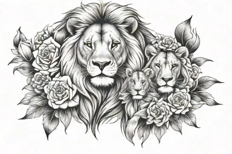 mother lion, fater lion and two childs with flowers - Variation 2
