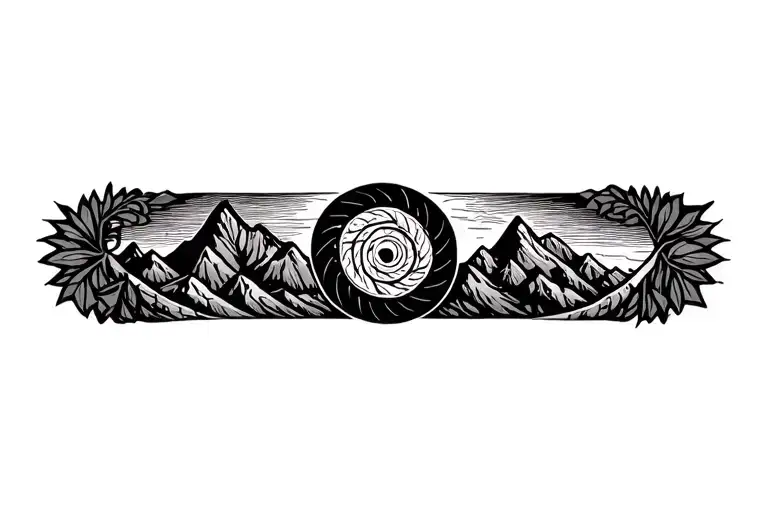 Pachamama spiral with mountain outline intertwined coca leaves - Variation 4