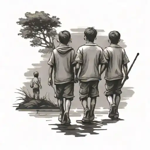 Make a tattoo of 3 adult male friends walking side by side and in their shadows 3 little children are formed who