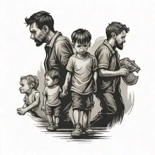 Make a tattoo of 3 adult male friends walking side by side and in their shadows 3 little children are formed who - Variation 2