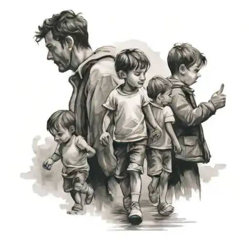 Make a tattoo of 3 adult male friends walking side by side and in their shadows 3 little children are formed who - Variation 3
