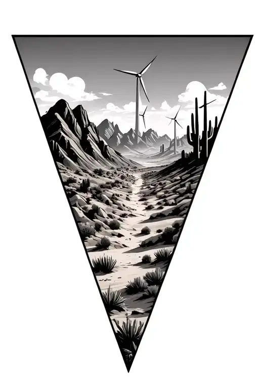 3 sperate triangles put images of desert mountains with many windmills on the mountains and cactus - Variation 3