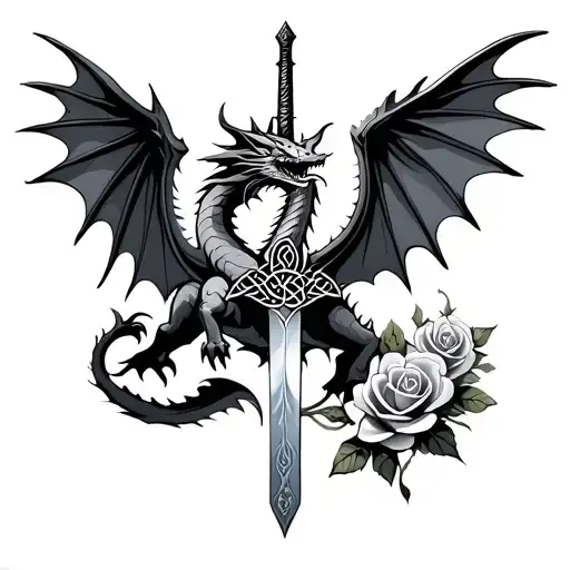 abstract celtic dragon, spread wings, sword, roses