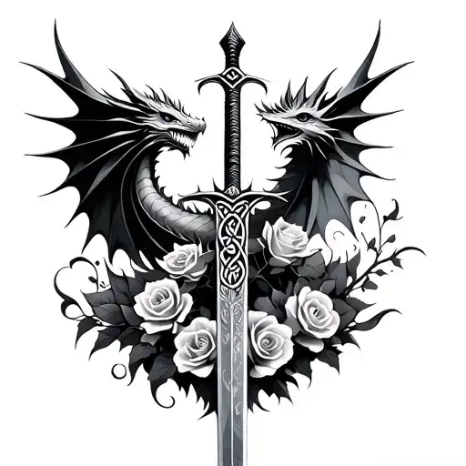 abstract celtic dragon, spread wings, sword, roses - Variation 2