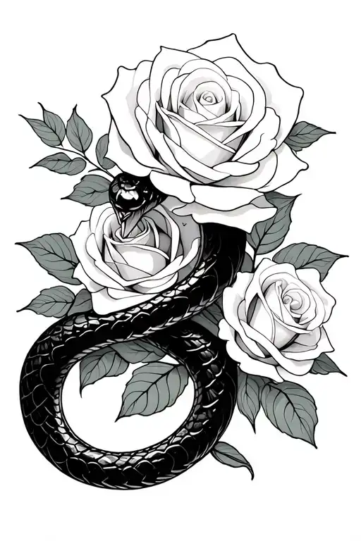 a minimalistic tattoo that is a trible snake that is feminine and wrapped around white roses