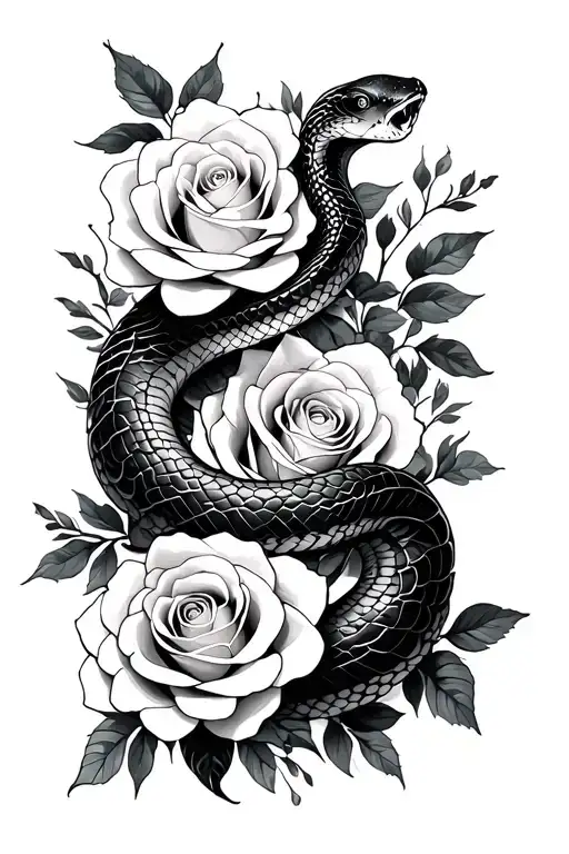 a minimalistic tattoo that is a trible snake that is feminine and wrapped around white roses - Variation 2