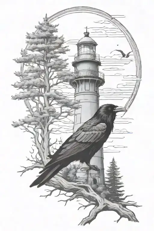 raven with spooky lighthouse in the desolate forest