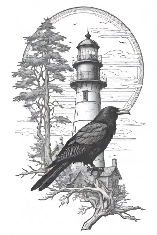 raven  with spooky lighthouse in the desolate forest - Variation 2