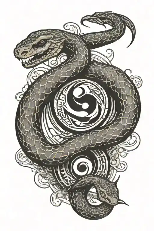 outline of a tattoo that has a snake with a yin-yang symbol subtly incorporated into it