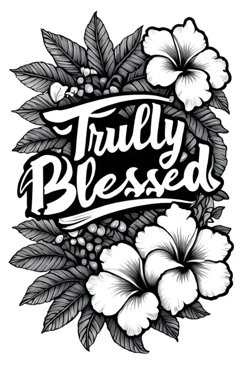 "Truly Blessed" in old english font surrounded by polynesian patterns and hibiscus flowers - Variation 1