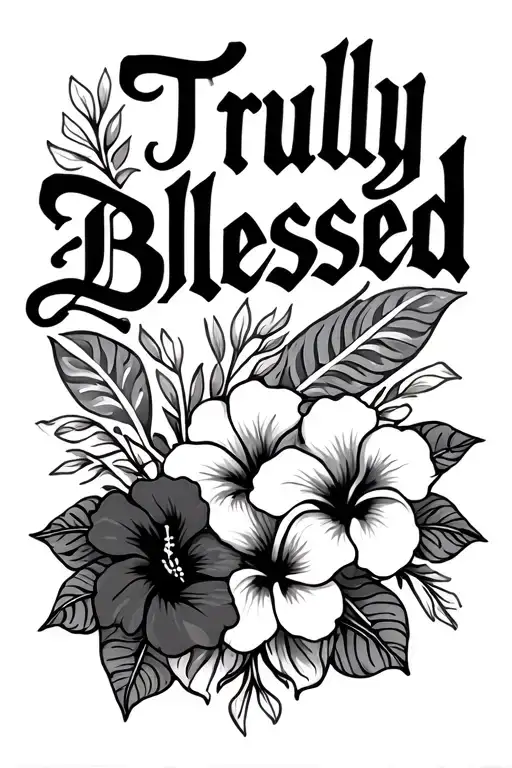 "Truly Blessed" in old english font surrounded by polynesian patterns and hibiscus flowers - Variation 2