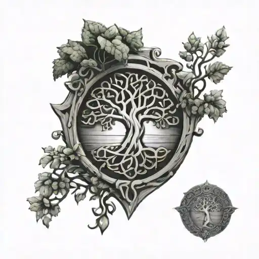tree of life celtic knot metalic emblem on cracked wooden shield with overgrowth - Variation 3