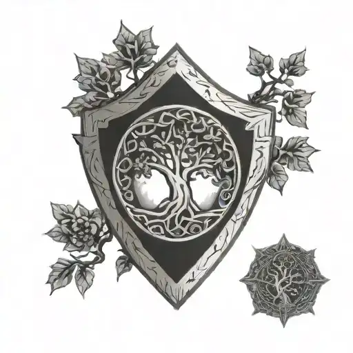 tree of life celtic knot metalic emblem on cracked wooden shield with overgrowth - Variation 4