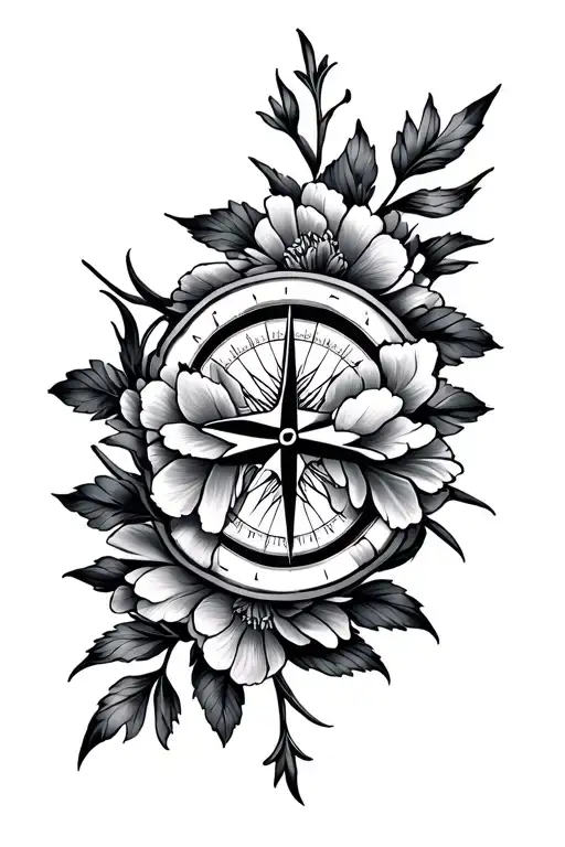 compass rose with peony flowers - Variation 2
