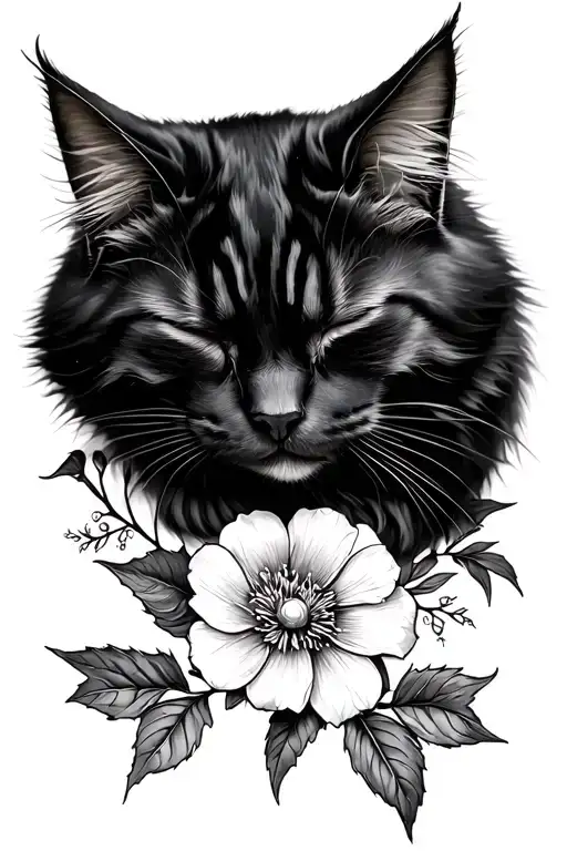 floral leaves fluffy black sleeping cat celestial - Variation 2