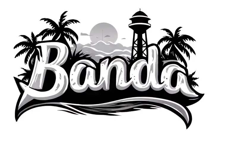 the name Banda with palm trees and water tower in the back ground 