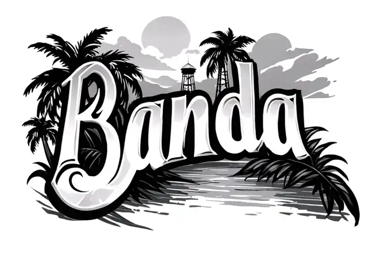 the name Banda with palm trees and water tower in the back ground - Variation 2