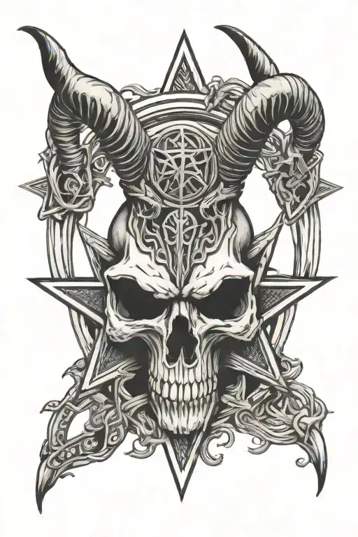 Baphomet skull with pentagram in background