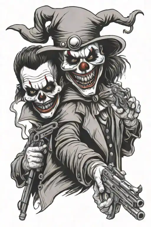 scary clown with gun to grim reaper's head