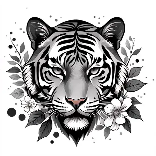 a tiger's head with leaves and flowers in front of it and dots behind it  - Variation 2